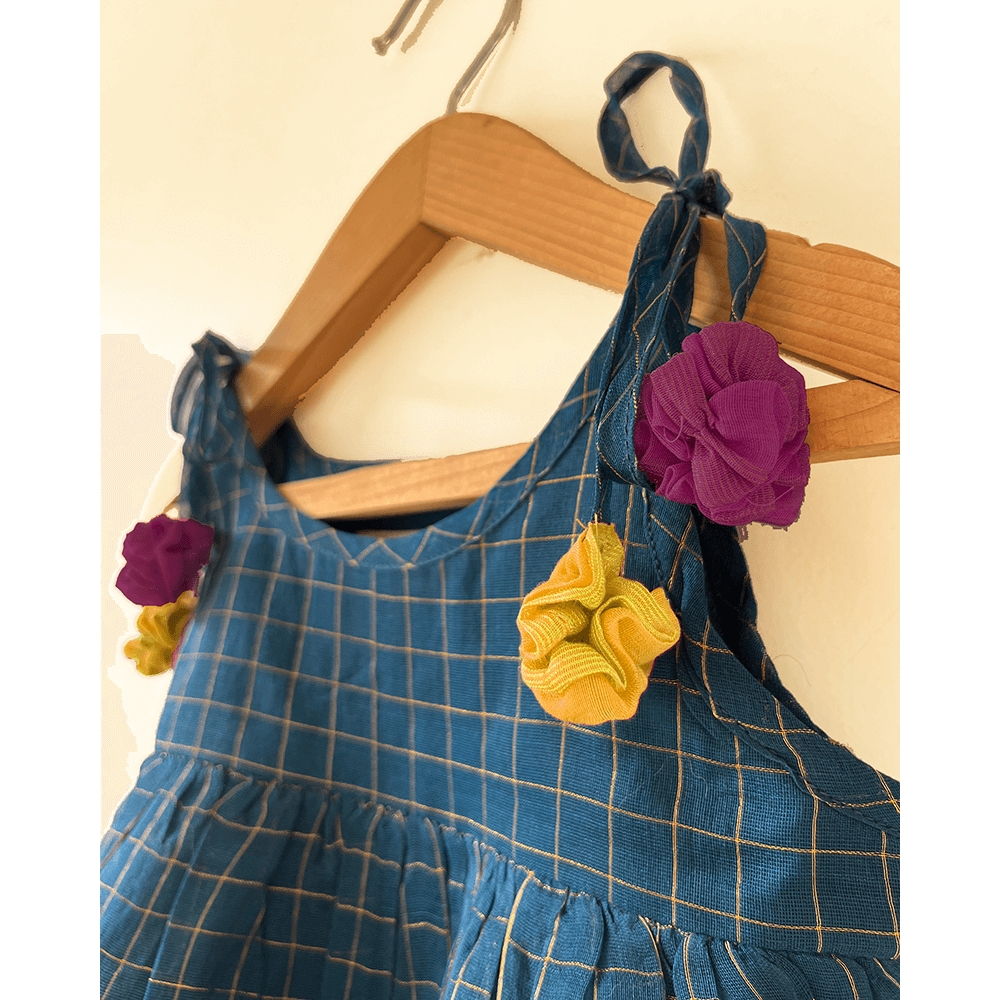 Love The World Today Aparajita Blue &amp; Gold Checked Infant Tiered Festive Dress in Handwoven Cotton Silk