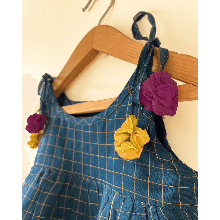 Love The World Today Aparajita Blue &amp; Gold Checked Infant Tiered Festive Dress in Handwoven Cotton Silk