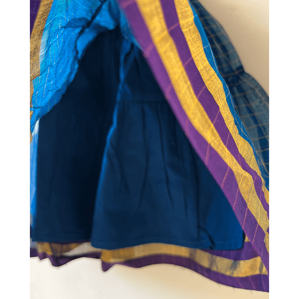 Love The World Today Aparajita Blue &amp; Gold Checked Infant Tiered Festive Dress in Handwoven Cotton Silk