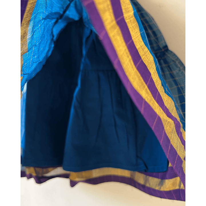 Love The World Today Aparajita Blue &amp; Gold Checked Infant Tiered Festive Dress in Handwoven Cotton Silk