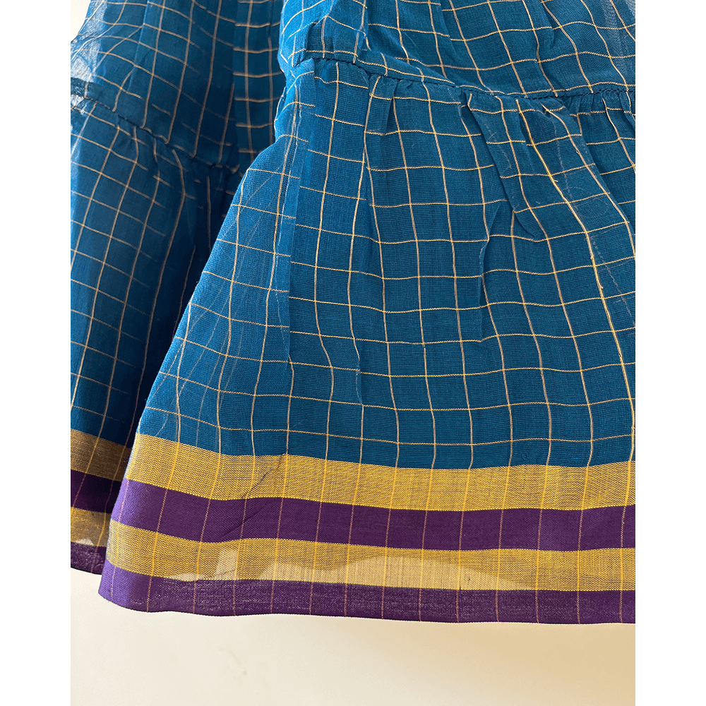 Love The World Today Aparajita Blue &amp; Gold Checked Infant Tiered Festive Dress in Handwoven Cotton Silk