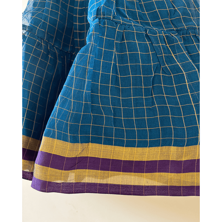 Love The World Today Aparajita Blue &amp; Gold Checked Infant Tiered Festive Dress in Handwoven Cotton Silk