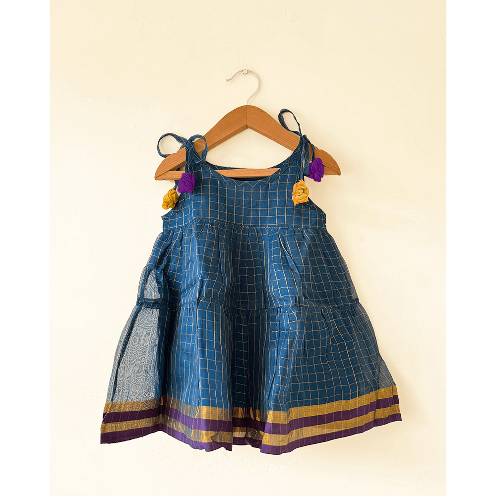 Love The World Today Aparajita Blue &amp; Gold Checked Infant Tiered Festive Dress in Handwoven Cotton Silk