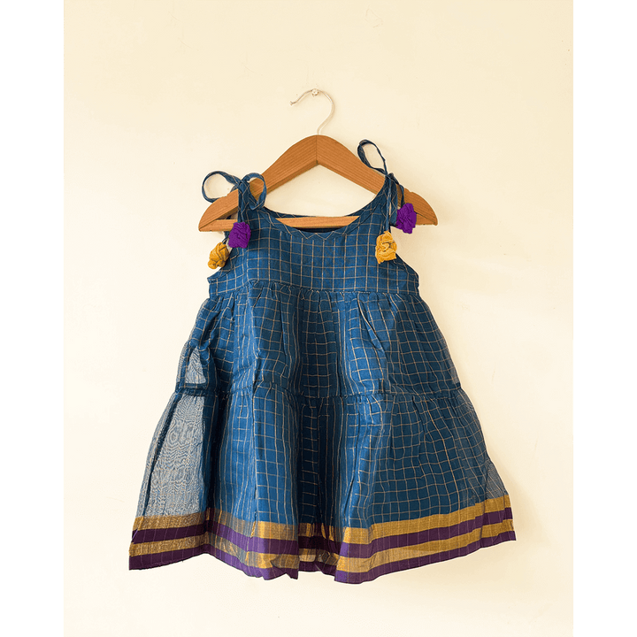 Love The World Today Aparajita Blue &amp; Gold Checked Infant Tiered Festive Dress in Handwoven Cotton Silk