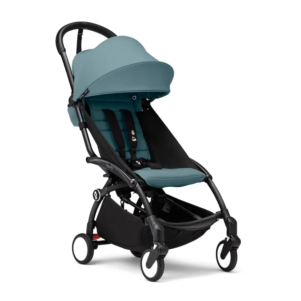Stokke YOYO3 Stroller | Lightweight Compact Travel Stroller for Babies | Cabin Friendly &amp; Foldable | UPF 50+ Sun Protection | 5 Point Safety Harness | Award Winning Design | YOYO Stroller India | 6 Months to 4 Years - Black/Aqua