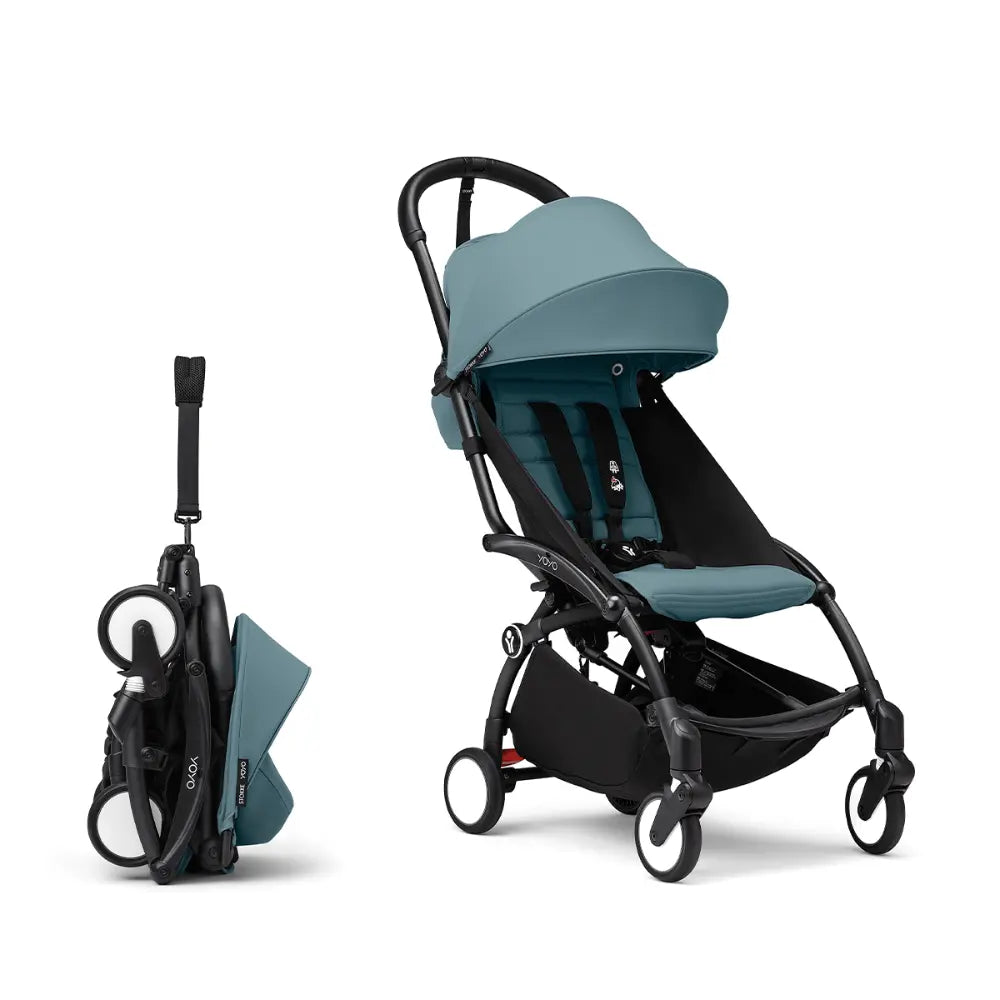Stokke YOYO3 Stroller | Lightweight Compact Travel Stroller for Babies | Cabin Friendly &amp; Foldable | UPF 50+ Sun Protection | 5 Point Safety Harness | Award Winning Design | YOYO Stroller India | 6 Months to 4 Years - Black/Aqua