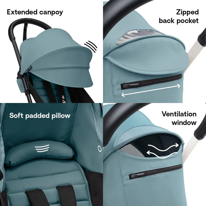Stokke YOYO3 Stroller | Lightweight Compact Travel Stroller for Babies | Cabin Friendly &amp; Foldable | UPF 50+ Sun Protection | 5 Point Safety Harness | Award Winning Design | YOYO Stroller India | 6 Months to 4 Years - Black/Aqua