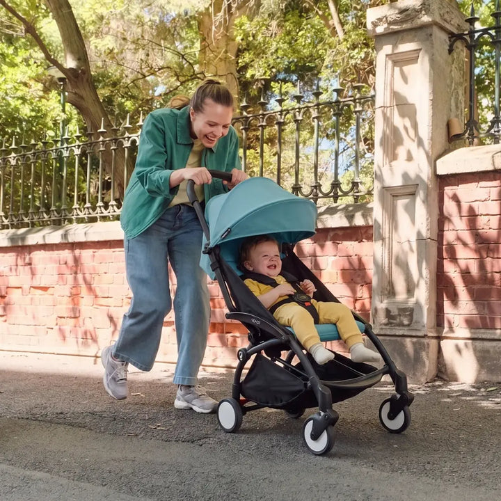 Stokke YOYO3 Stroller | Lightweight Compact Travel Stroller for Babies | Cabin Friendly &amp; Foldable | UPF 50+ Sun Protection | 5 Point Safety Harness | Award Winning Design | YOYO Stroller India | 6 Months to 4 Years - Black/Aqua