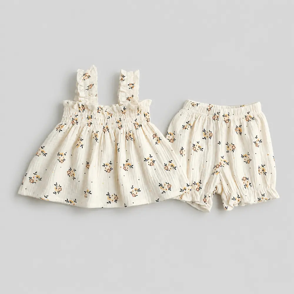 Pattuti Blossom Smock Cotton Set For Girls - Off White