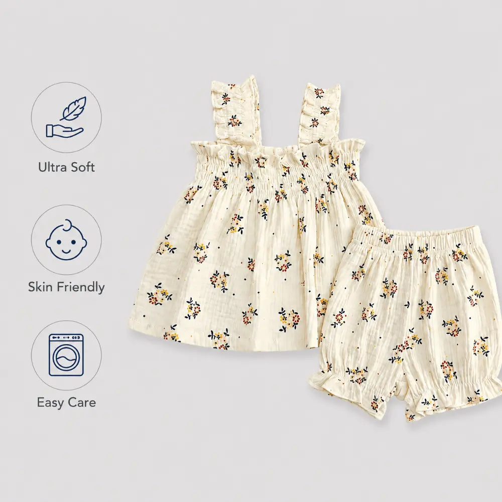 Pattuti Blossom Smock Cotton Set For Girls - Off White