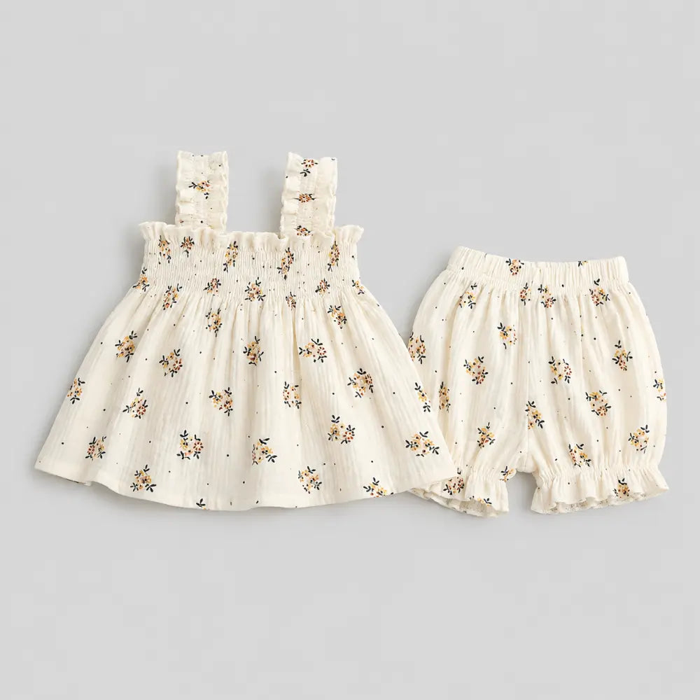 Pattuti Blossom Smock Cotton Set For Girls - Off White