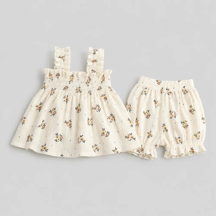 Pattuti Blossom Smock Cotton Set For Girls - Off White