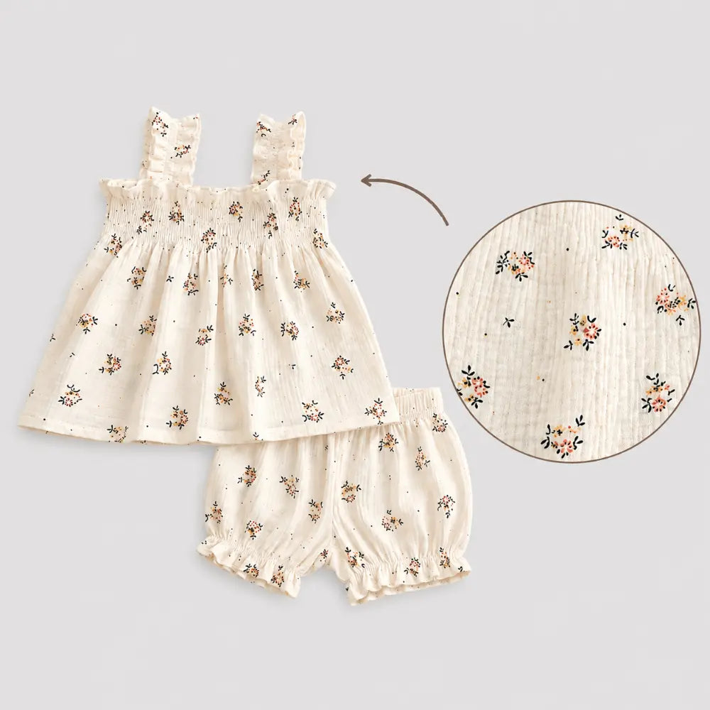 Pattuti Blossom Smock Cotton Set For Girls - Off White