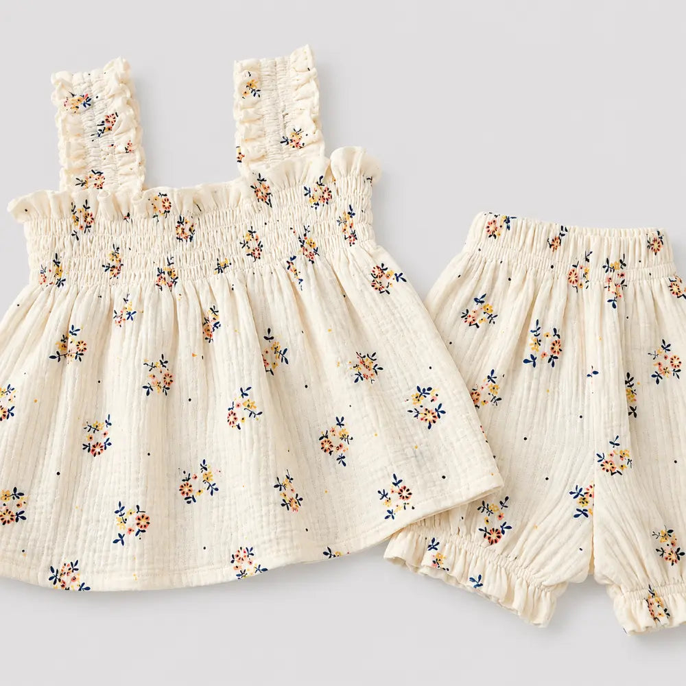 Pattuti Blossom Smock Cotton Set For Girls - Off White