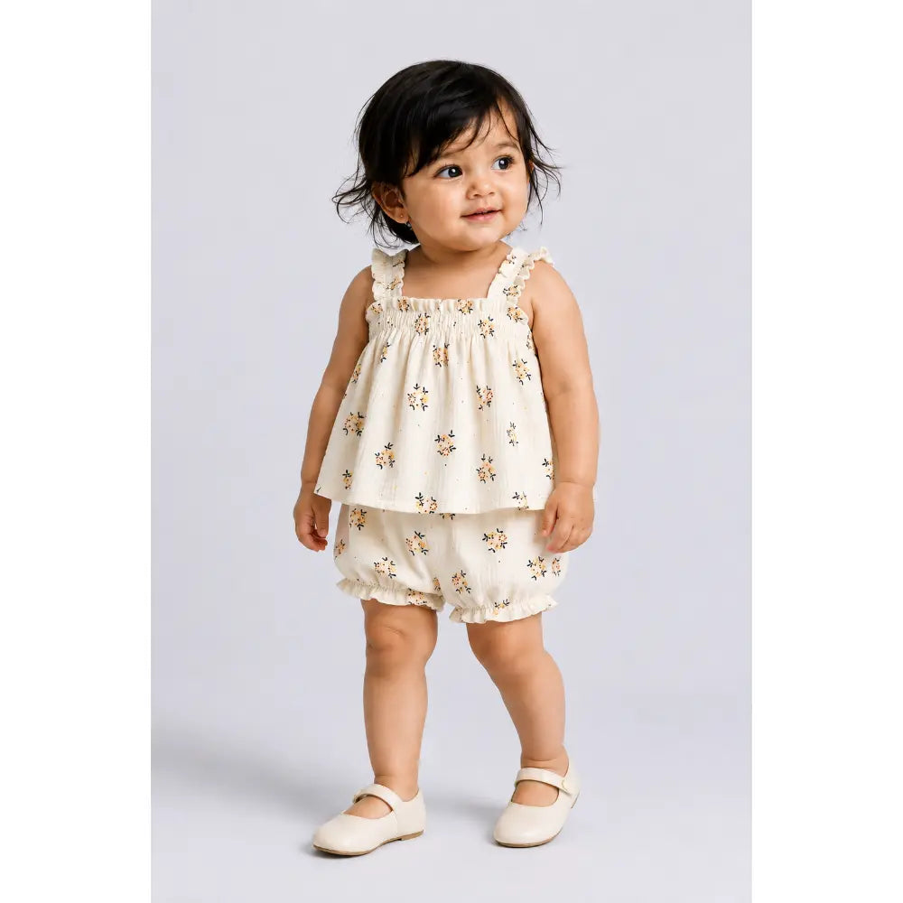 Pattuti Blossom Smock Cotton Set For Girls - Off White