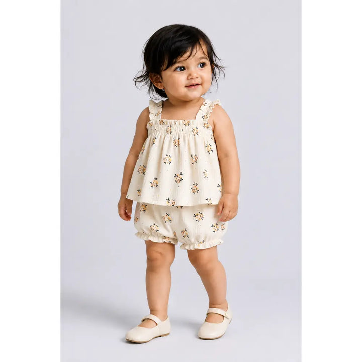 Pattuti Blossom Smock Cotton Set For Girls - Off White