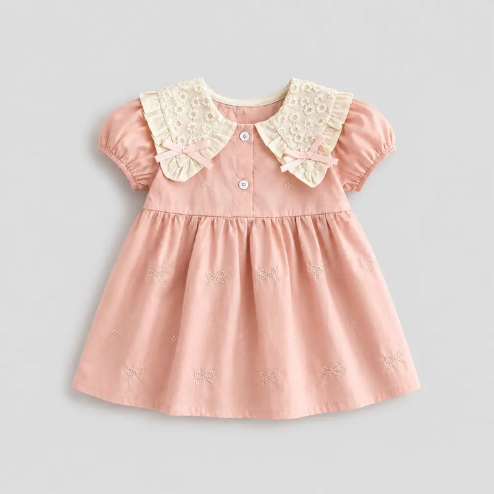 Pattuti Sustainable Cotton Embroidered Dress With Peter Pan Collar For Girls - Peach