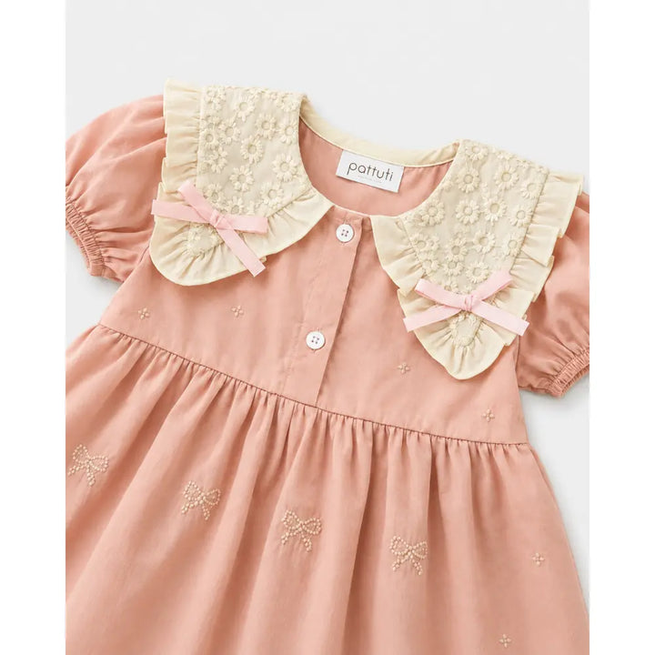 Pattuti Sustainable Cotton Embroidered Dress With Peter Pan Collar For Girls - Peach