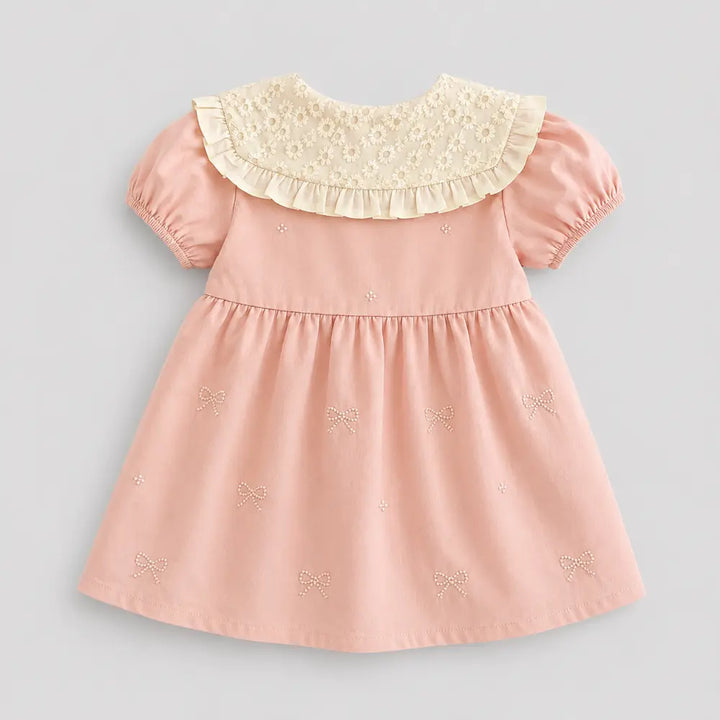 Pattuti Sustainable Cotton Embroidered Dress With Peter Pan Collar For Girls - Peach