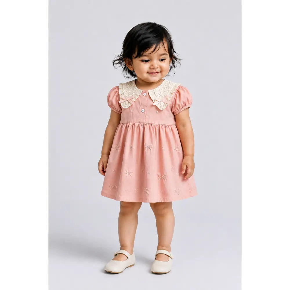Pattuti Sustainable Cotton Embroidered Dress With Peter Pan Collar For Girls - Peach