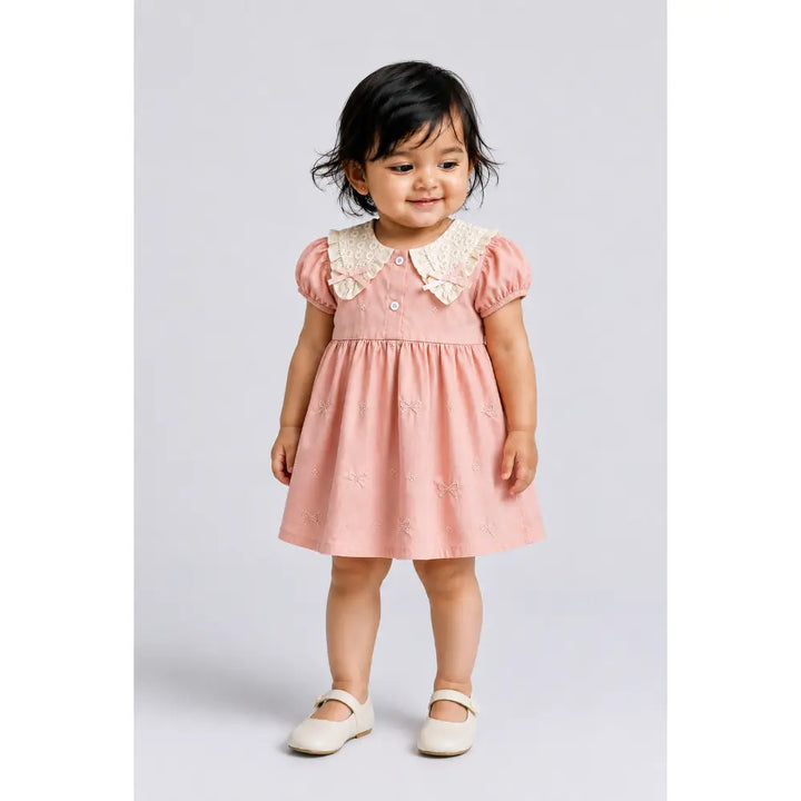 Pattuti Sustainable Cotton Embroidered Dress With Peter Pan Collar For Girls - Peach