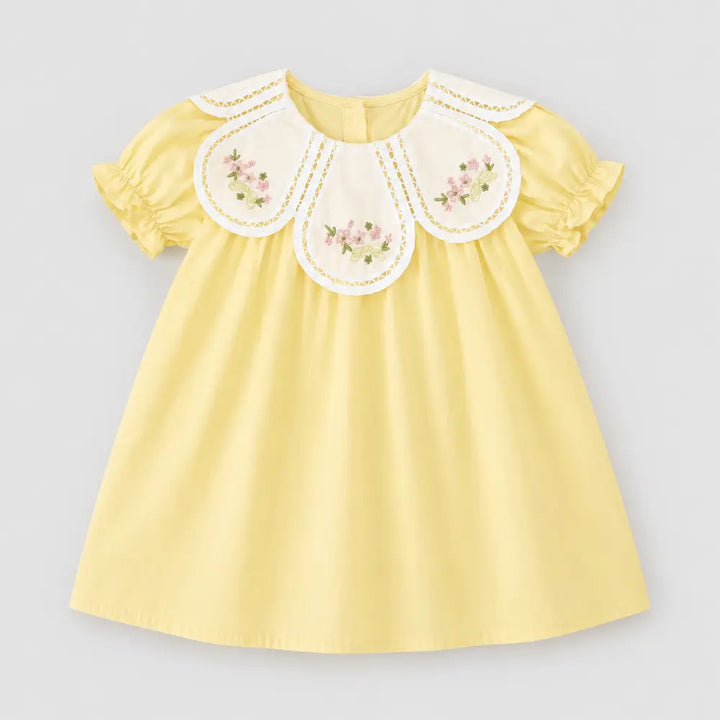 Pattuti Sustainable Cotton Dress For Girls With Embroidered Petal Collar
