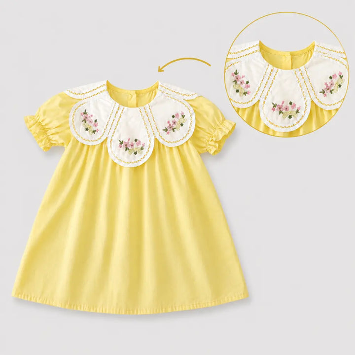 Pattuti Sustainable Cotton Dress For Girls With Embroidered Petal Collar