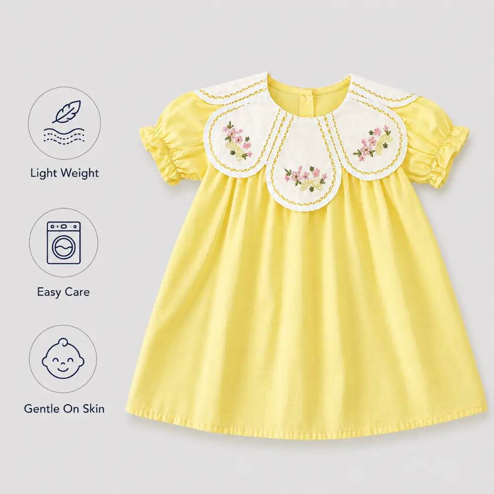 Pattuti Sustainable Cotton Dress For Girls With Embroidered Petal Collar