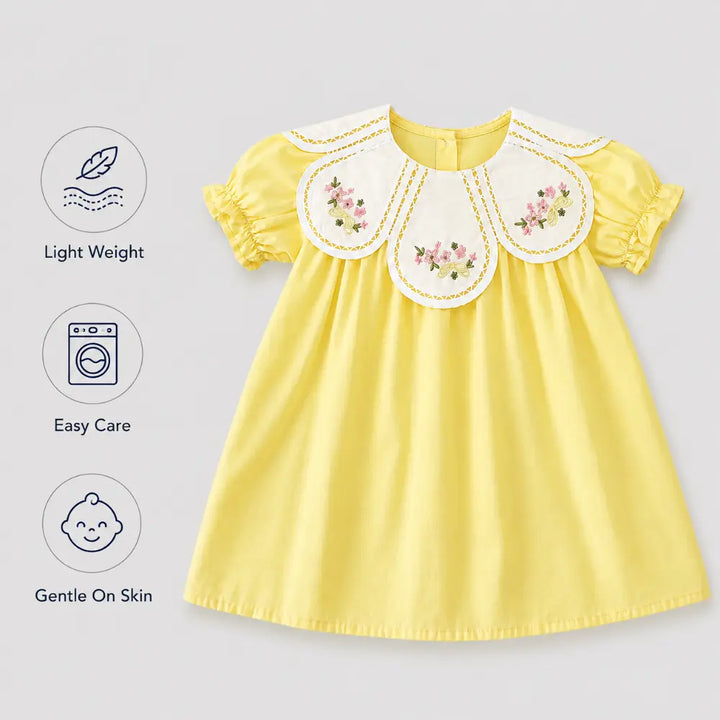 Pattuti Sustainable Cotton Dress For Girls With Embroidered Petal Collar