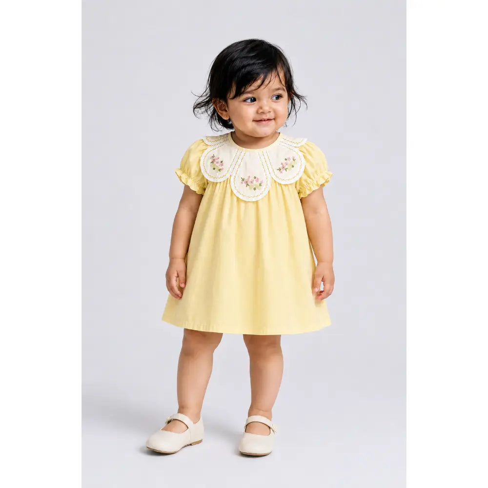 Pattuti Sustainable Cotton Dress For Girls With Embroidered Petal Collar