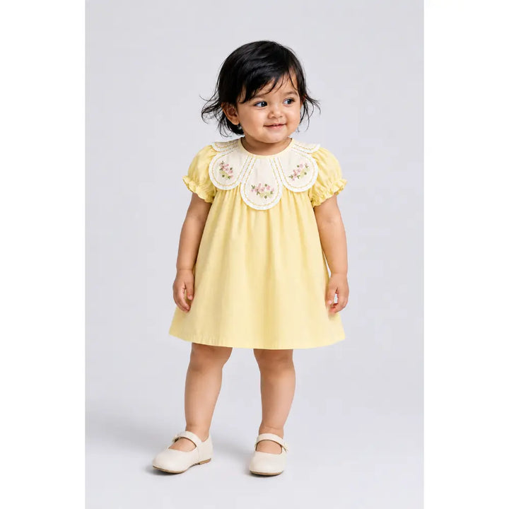 Pattuti Sustainable Cotton Dress For Girls With Embroidered Petal Collar