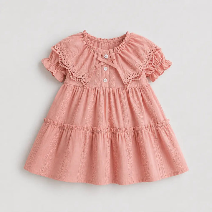 Pattuti Sustainable Embroidered Cotton Dress With Self Lace Collar For Girls