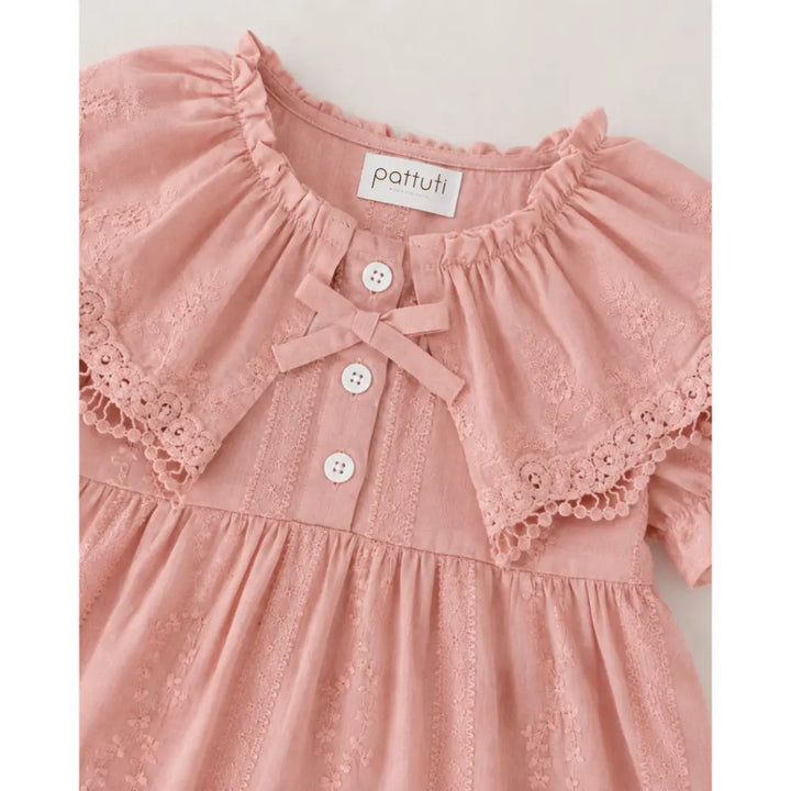 Pattuti Sustainable Embroidered Cotton Dress With Self Lace Collar For Girls