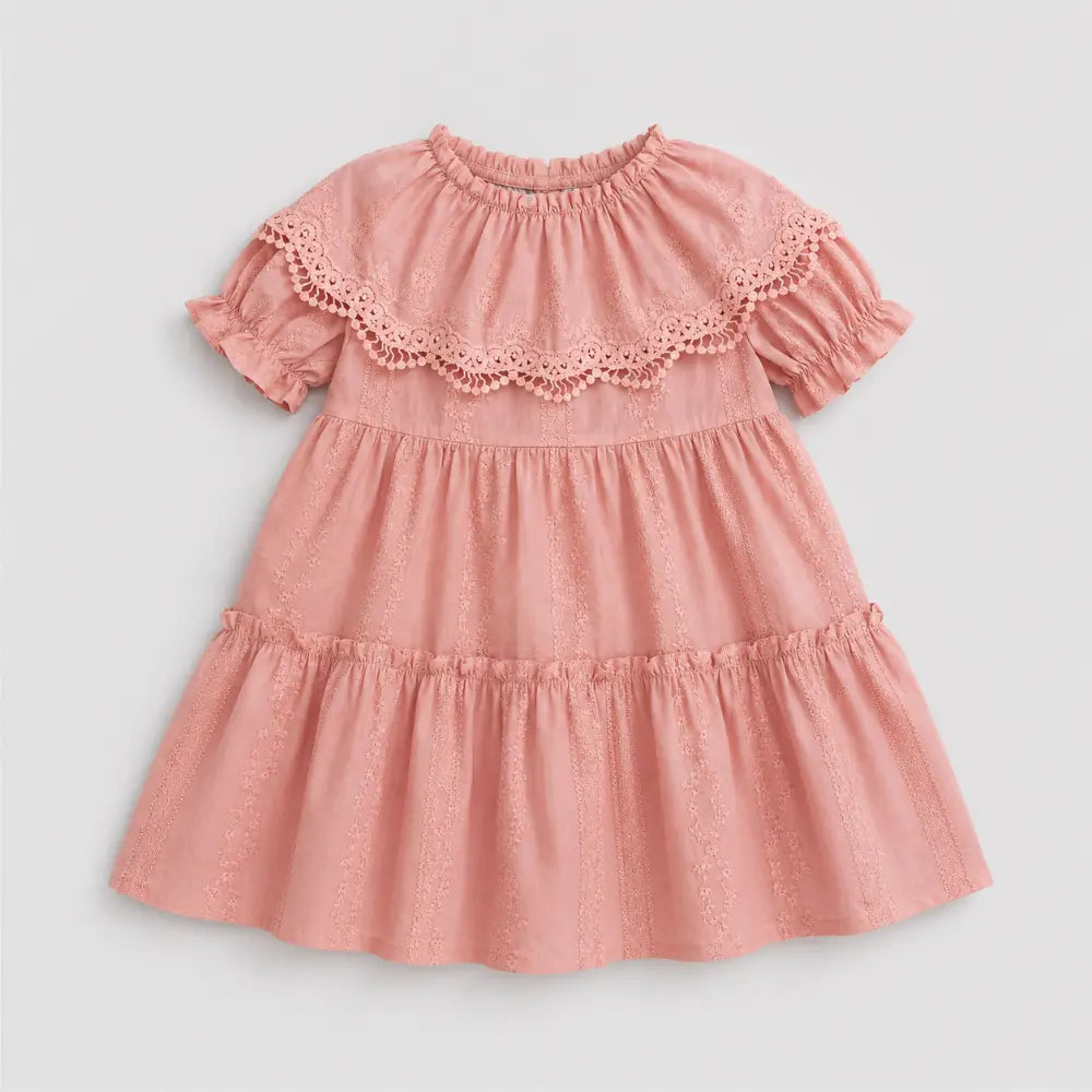 Pattuti Sustainable Embroidered Cotton Dress With Self Lace Collar For Girls