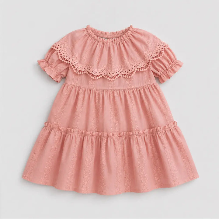Pattuti Sustainable Embroidered Cotton Dress With Self Lace Collar For Girls