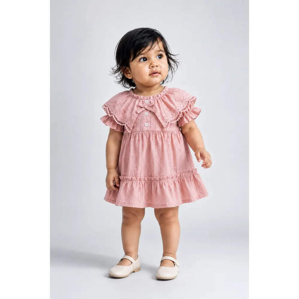 Pattuti Sustainable Embroidered Cotton Dress With Self Lace Collar For Girls