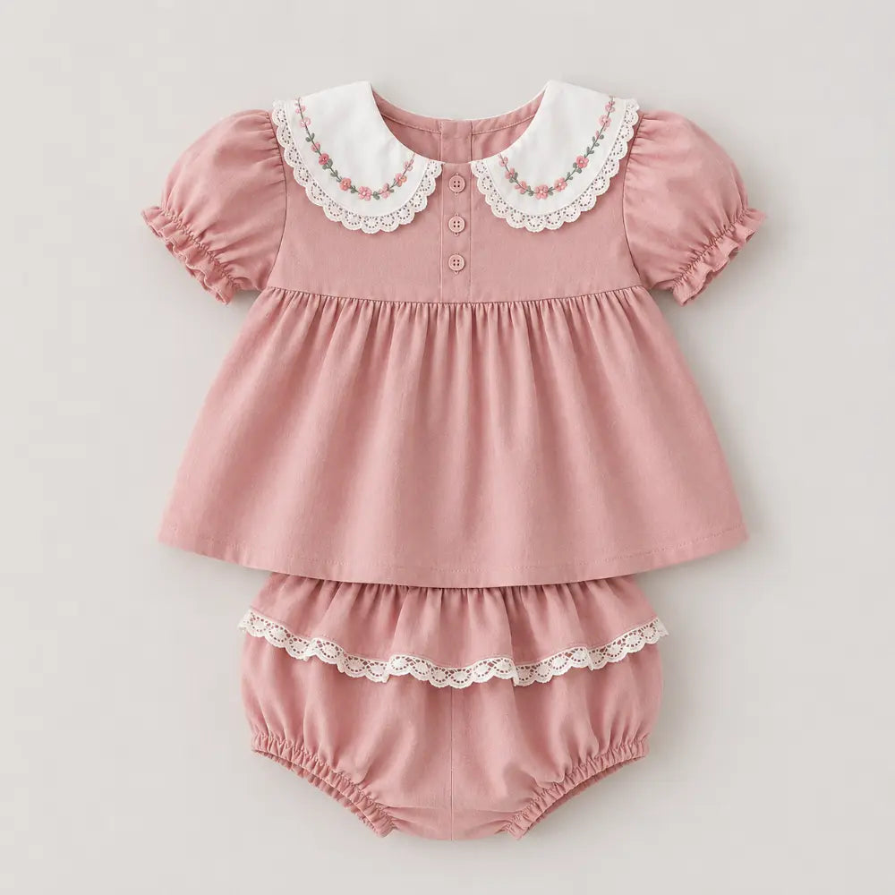Pattuti Sustainable Wrinkled Cotton Co-Ord Set With Embroidery &amp; Lace Detail For Girls