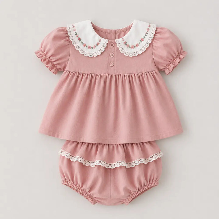 Pattuti Sustainable Wrinkled Cotton Co-Ord Set With Embroidery &amp; Lace Detail For Girls