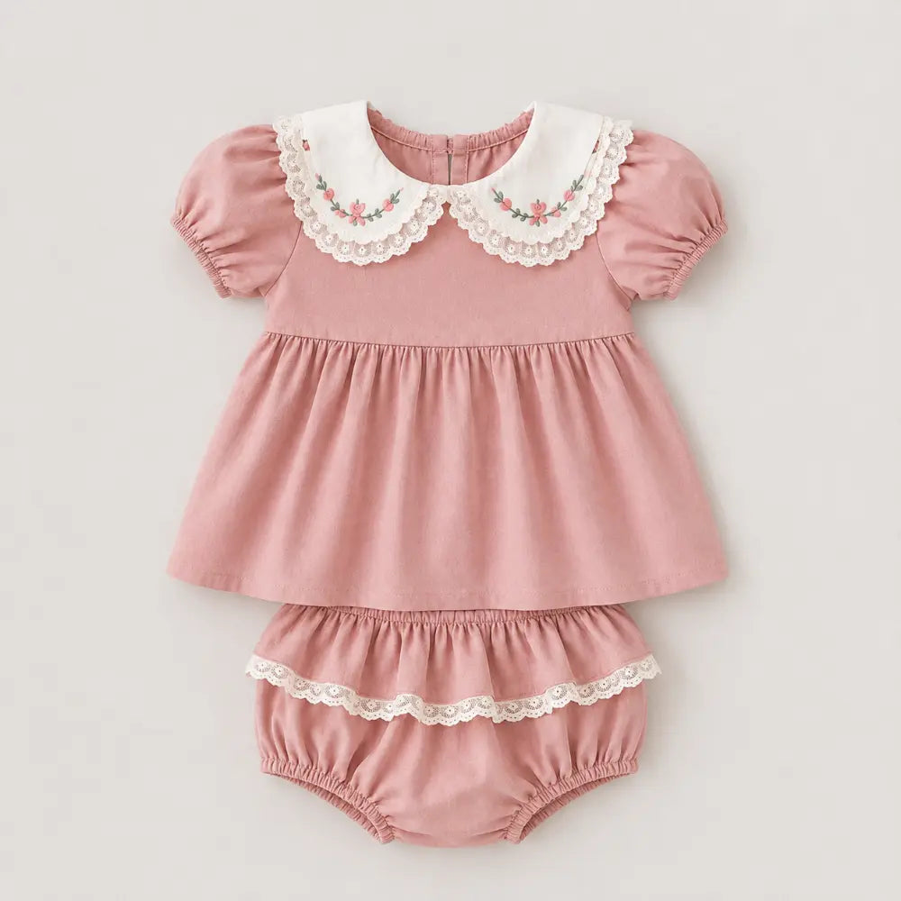 Pattuti Sustainable Wrinkled Cotton Co-Ord Set With Embroidery &amp; Lace Detail For Girls