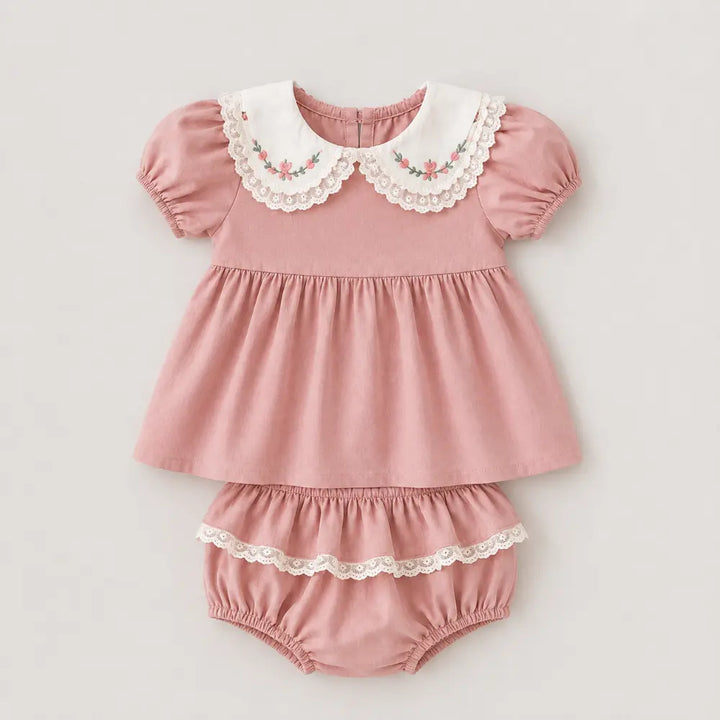 Pattuti Sustainable Wrinkled Cotton Co-Ord Set With Embroidery &amp; Lace Detail For Girls