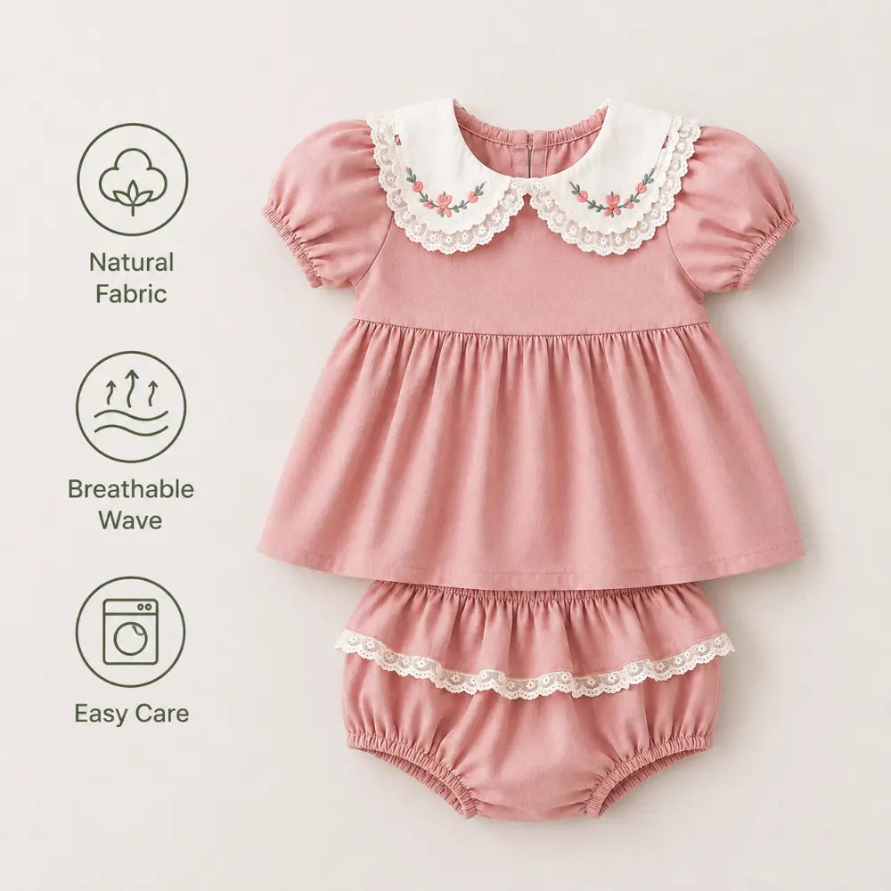 Pattuti Sustainable Wrinkled Cotton Co-Ord Set With Embroidery &amp; Lace Detail For Girls