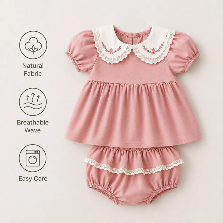 Pattuti Sustainable Wrinkled Cotton Co-Ord Set With Embroidery &amp; Lace Detail For Girls
