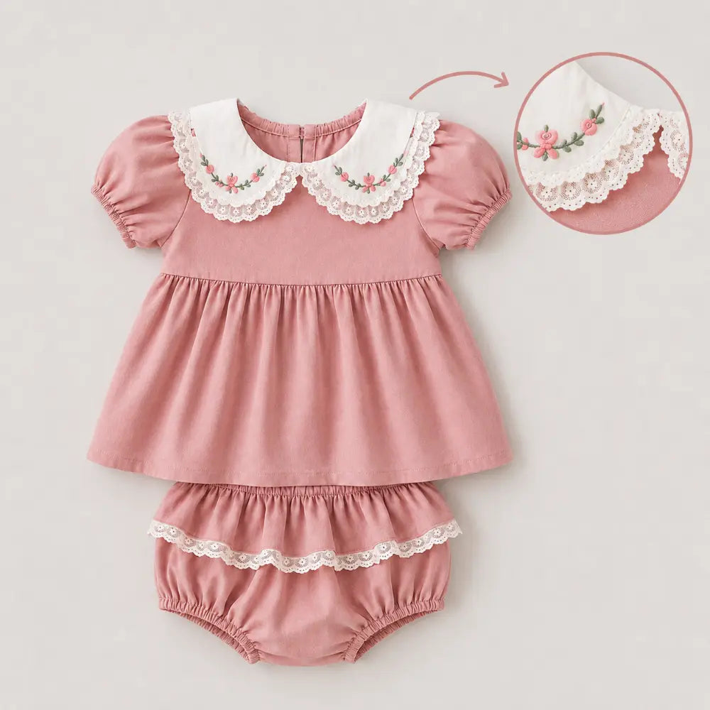 Pattuti Sustainable Wrinkled Cotton Co-Ord Set With Embroidery &amp; Lace Detail For Girls