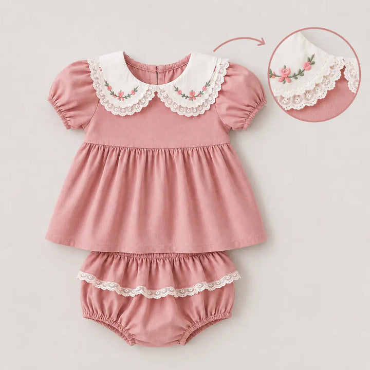 Pattuti Sustainable Wrinkled Cotton Co-Ord Set With Embroidery &amp; Lace Detail For Girls