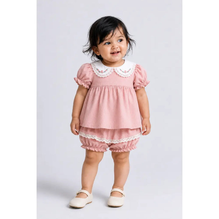 Pattuti Sustainable Wrinkled Cotton Co-Ord Set With Embroidery &amp; Lace Detail For Girls