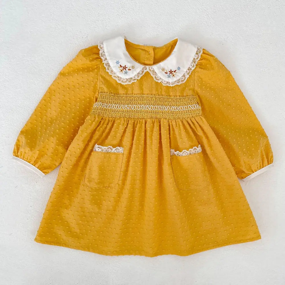 Pattuti Sustainable Dobby Cotton Dress With Embroidered Lace Collar For Girls