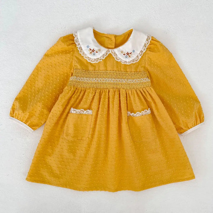 Pattuti Sustainable Dobby Cotton Dress With Embroidered Lace Collar For Girls