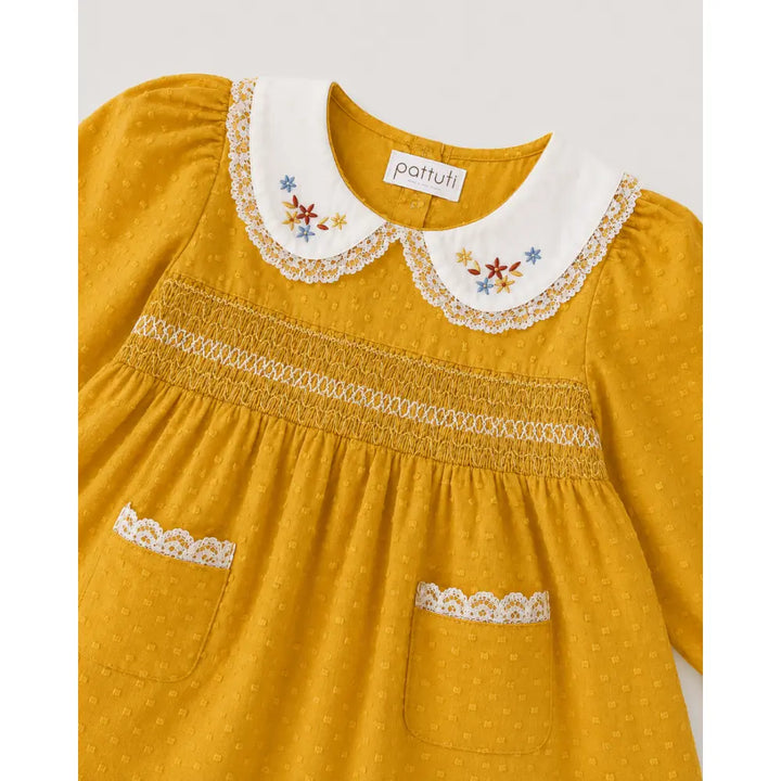 Pattuti Sustainable Dobby Cotton Dress With Embroidered Lace Collar For Girls
