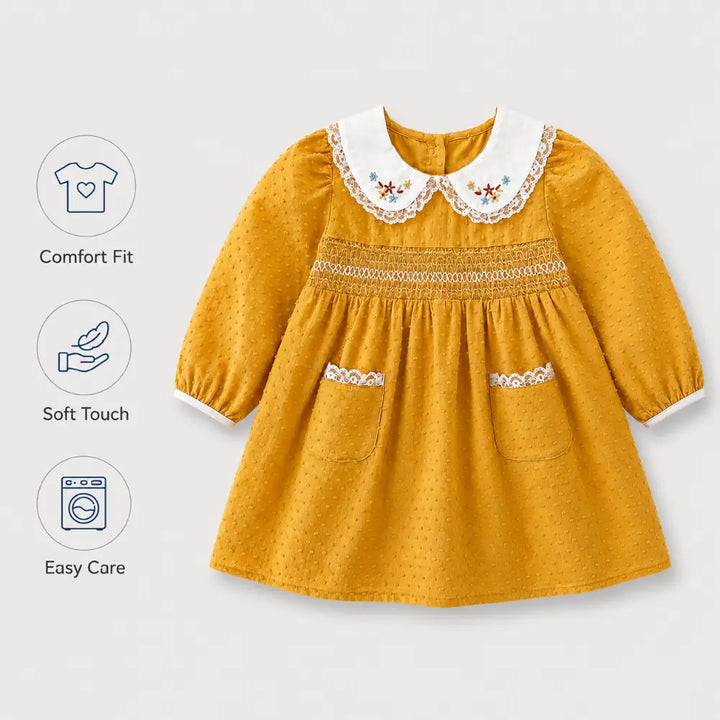 Pattuti Sustainable Dobby Cotton Dress With Embroidered Lace Collar For Girls