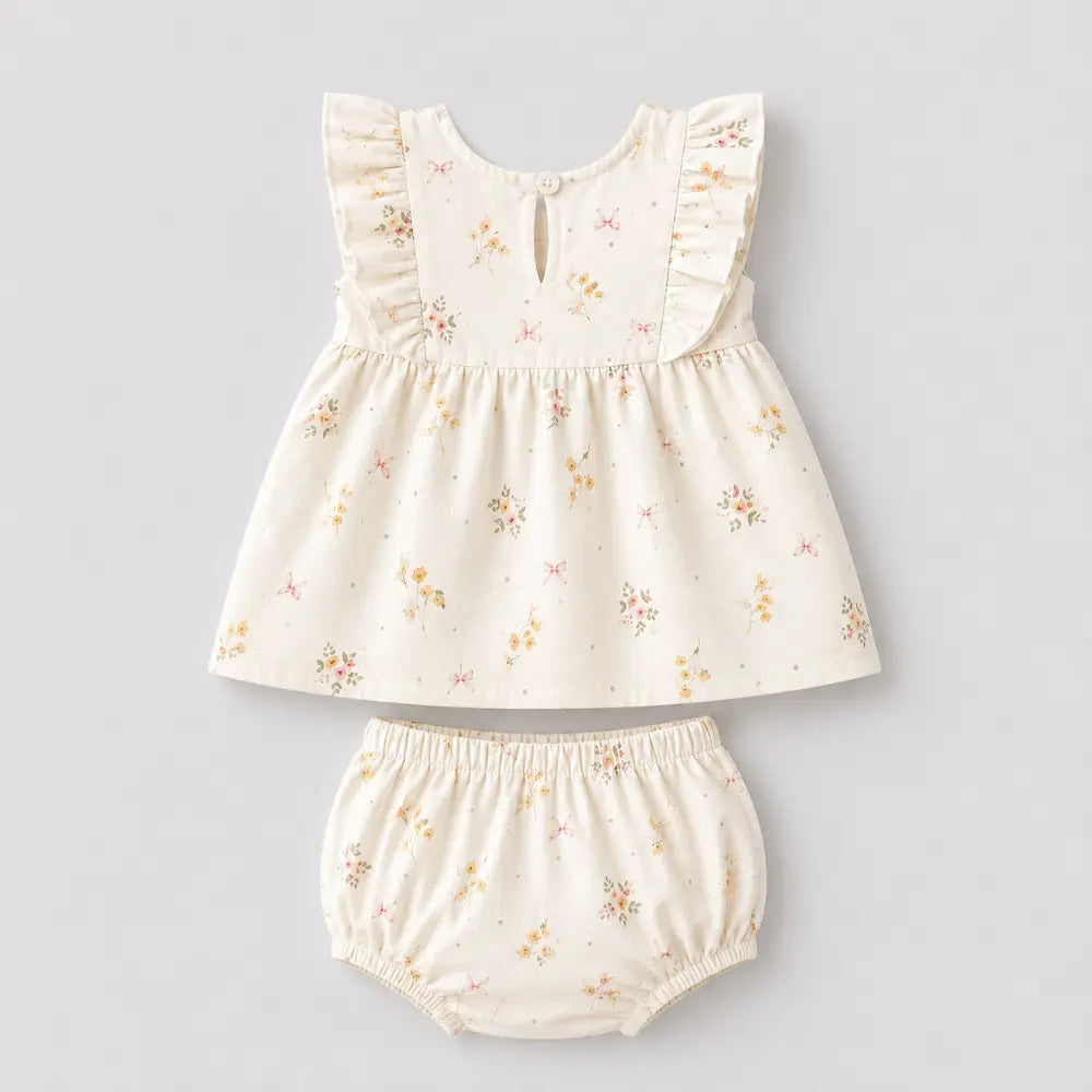 Pattuti Sustainable Cotton Floral Printed Lace Smocking Set With Bloomers For Girls